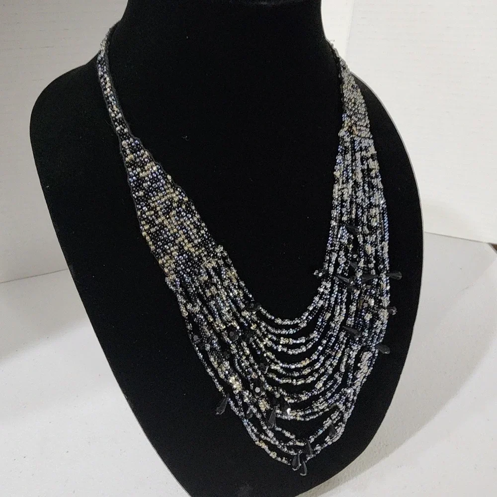 VTG Multi Strand Seed Bead Statement Necklace Black Silver Layered Boho elegant